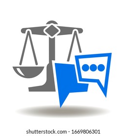 Escala el vector de icono de globo de voz. La ley consulta el logotipo. Símbolo de asesoría legal con abogado experto.