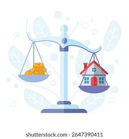 Escalas con una pila de monedas en un lado y una casa en el otro. Ilustración de negocios de bienes raíces. Adecuado para temas de negocios. Precio costoso de la casa