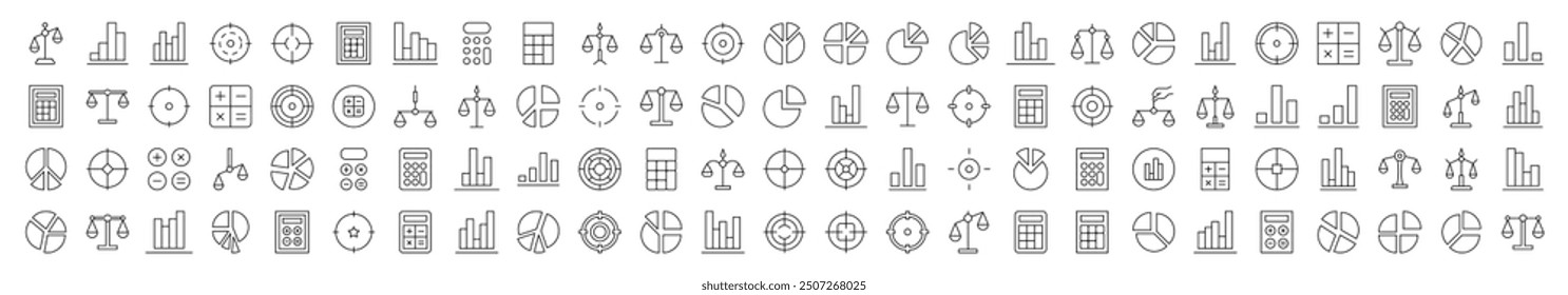 Scales, Target, Calculator, Diagram, Business Line Icon Set. Editable Stroke. Minimalistic Linear Pictogram for Design of Cards, Apps, Banners, Posts