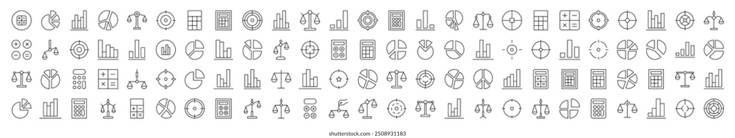 Scales, Target, Calculator, Diagram, Business Line Icon Bundle. Editable Stroke. Minimalistic Linear Pictogram for Design of Cards, Apps, Banners, Posts