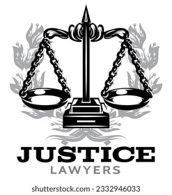 Scales of Themis for lawyers on the background of laurel wreath. Vector illustration. Stylish template for design.