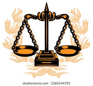 Scales of Themis on white background of laurel wreath. Vector color illustration. Stylish template for design for lawyers.