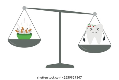 Scales with tooth and germs, ashtray with cigarette butts. Vector illustration of a person's choice about bad habits and dental health.