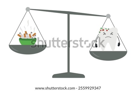 Scales with tooth and germs, ashtray with cigarette butts. Vector illustration of a person's choice about bad habits and dental health.