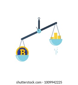 Scales with two bowls. On one side of the scale is money, on the second scale is bitcoin. Vector illustration Flat design.