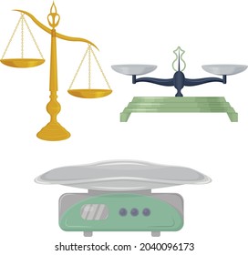 Scales of various shapes and purposes. Libra of Themis. Jewelry scales and medical scales for weighing babies. Vector illustration on a white background