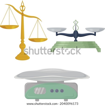 Scales of various shapes and purposes. Libra of Themis. Jewelry scales and medical scales for weighing babies. Vector illustration on a white background