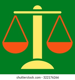 Scales vector icon. Style is bicolor flat symbol, orange and yellow colors, rounded angles, green background.
