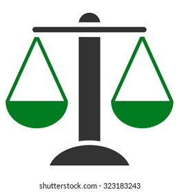 Scales vector icon. Style is bicolor flat symbol, green and gray colors, rounded angles, white background.