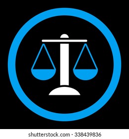 Scales vector icon. Style is bicolor flat rounded symbol, blue and white colors, rounded angles, black background.