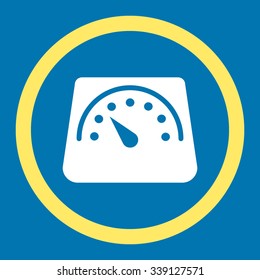 Scales vector icon. Style is bicolor flat rounded symbol, yellow and white colors, rounded angles, blue background.