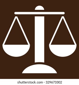 Scales vector icon. Style is flat symbol, white color, rounded angles, brown background.