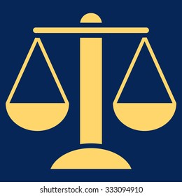 Scales vector icon. Style is flat symbol, yellow color, rounded angles, blue background.