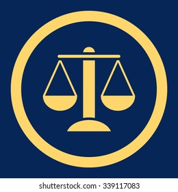 Scales vector icon. Style is flat rounded symbol, yellow color, rounded angles, blue background.