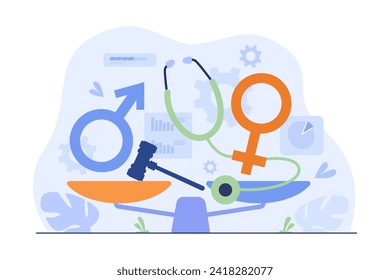 Escala con ilustración vectorial de símbolos Venus y Mars. Martillo y estetoscopio. Igualdad de género, romper el concepto de estereotipos de género.