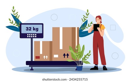 Básculas en almacén. Mujer cerca de pesas con caja de cartón. Evaluación y valoración de parcelas. Envío y transporte. Importación y exportación, negocios globales. Ilustración de vector plano de dibujos animados