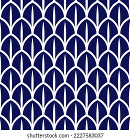 Scales waves pattern geometric background elements motif abstract minimalist fabric print classic ornament graphic style. Casual repeat textile design, marine blue, white color minimal all over print