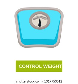 Scales or weigher weight control isolated icon diet and sport vector calorie balance proper nutrition and fitness healthcare and treatment overweight problem mechanic device with dial body health.