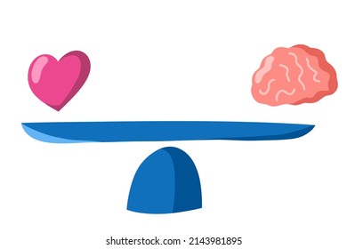 Scales weighing brain and heart. Balance, mind, logic and emotion concept. Balance, mental health. Vector flat illustration of scales on white background.