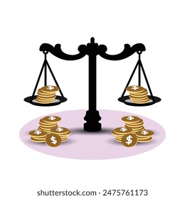 scales weighing gold dollar coins. flat design style. Suitable for financial, economic, considerations, reports, presentations, etc. vector design template