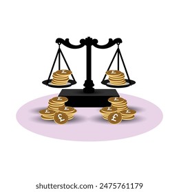scales weighing gold pound sterling coins. flat design style. Suitable for financial, economic, considerations, reports, presentations, etc. vector design template