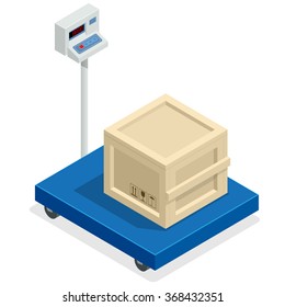 Scales for weighing heavy objects and goods. Box and cargo, package and freight, parcel and product, load packaging, order and import, logistic. Flat 3d isometric vector illustration for infographic