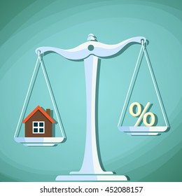 Scales for weighing with a house and percent sign. Stock Vector cartoon illustration.