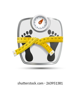Scales for weighing with the measuring tape. Vector image.
