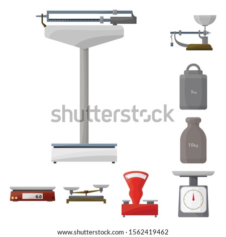 Scales for weighing vector cartoon icon set.Vector isolated illustration weigher balance .Icon set of instrument weigher and scales.