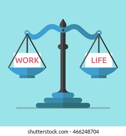 Scales Weighing Work And Life On Blue Background. Balance, Career, Time Management And Stress Concept. Flat Design. Vector Illustration. EPS 8, No Transparency