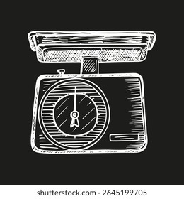 Scales, weights hand-drawn vector sketch illustration. Outline drawing in engraving style of scales, measuring instrument - store, market, shop concept