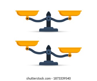 Scales. Weights set. Libra icons. Bowls of scales imbalanced and balance. Vector illustration.