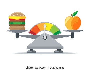 Scales of woman eating. Apple fruit healthy food and unhealthy cheeseburger green to red excess weight balancing vector illustration