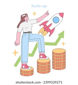 Scale-up concept. Ambitious woman atop coin stacks, aiming higher as her business soars with rocket power. Financial growth and enterprise ascension depicted. Flat vector illustration.