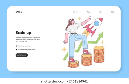 Scale-up concept. Ambitious woman atop coin stacks, aiming higher as her business soars with rocket power. Financial growth and enterprise ascension depicted. Flat vector illustration.