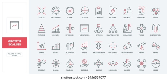 Scaling arrows line icons set. Mobile app tools to maximize and minimize, change size and direction, schemas, data search and processing thin black and red outline symbols vector illustration