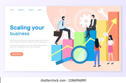 Scaling business, graphic or chart and entrepreneurs. Statistics and analytics, businessman and businesswoman, magnifier and economic growth. Website or webpage template, landing page in flat style Scaling business, graphic or chart and entrepreneurs. Statistics and analytics, businessman and businesswoman, magnifier and economic growth. Website or webpage template, landing page in flat style