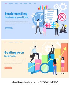 Scaling business and implementation of solution vector. Infographics in visual representation, magnifying glass and charts with global data worldwide results. Website or webpage, landing page in flat
