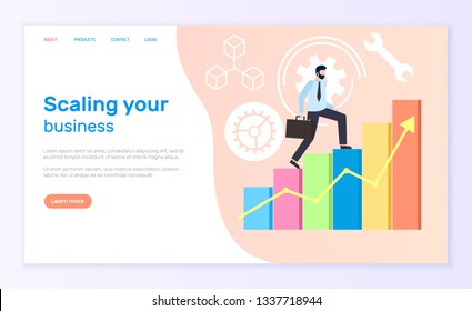 Scaling business worker with briefcase running up vector. Businessman and tools, successful time management. Gears and cogwheels process signs, infochart