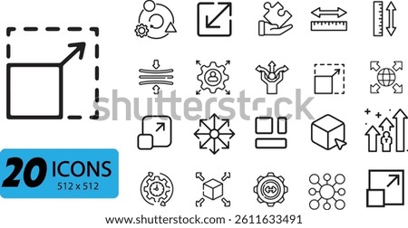 Scaling and Dimension Icon Set: 20 Outline Vector Illustrations Representing Size Adjustment and Expansion