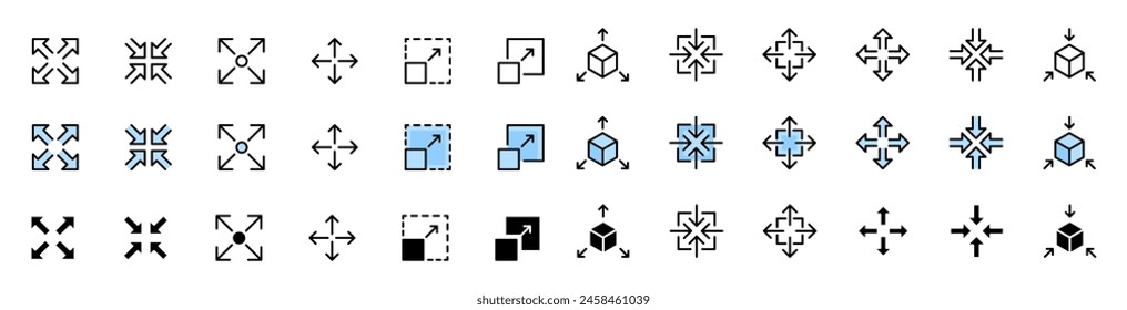 Scaling icons collection. Icon Zoom Buttons. Linear, flat and silhouette style. Vector icons