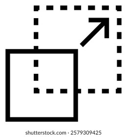 Scaling or resizing black color graphic icon. A solid square expands to a larger dotted square.
