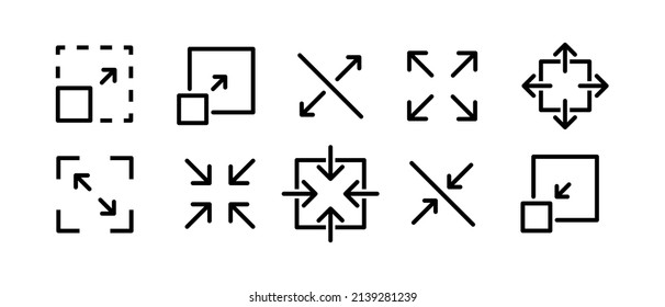Scaling and sizing arrows vector icons set. Resize, increase, decrease, scalability UI design symbol