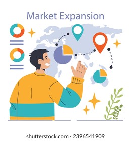 Scaling Strategy concept. Steps to successful business growth, featuring target achievement and efficiency. Business development, market reach, and cost-effective operations. Flat vector illustration