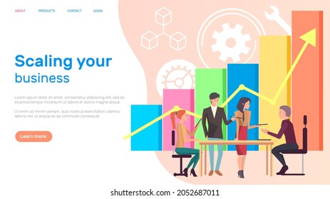 Scaling your business vector, man and woman working in field together, infochart with arrow, successful work. Website or app slider template, landing page flat style. Teamwork with statistics analysis