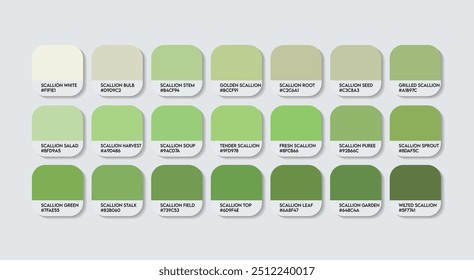 Scallions Color Palette, Scallions Color Guide Palette with Color Names. Catalog Samples of Green colors with RGB HEX codes. plastic, paint, natural Green colour, Fashion Trend Scallions Color tones