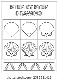 Scallop. Book page, drawing step by step. Black and white vector coloring page.