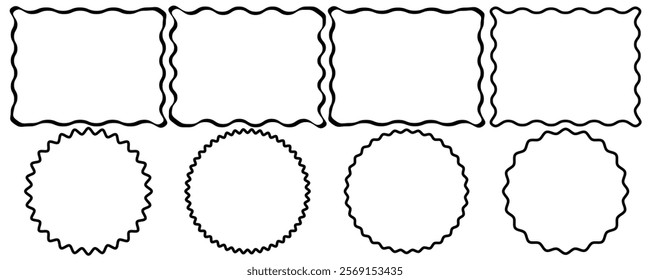 Scallop border and frame set. Scalloped edge rectangle shape. Simple label and sticker form. Vector lace frill. Simple cute label. Outline decorative collection.
