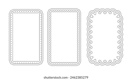 Scallop border vector. Rectangle shape lace wave frame. Squiggle cotton frill edge for retro wavy framework design. Curly groovy rectangular loop for story or label. Simple wiggle frilly doodle cutout