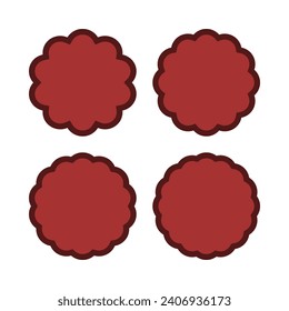 Scallop circle red stroke shape icons. A group of 4 round symbols with scalloped edges. Isolated on a white background.